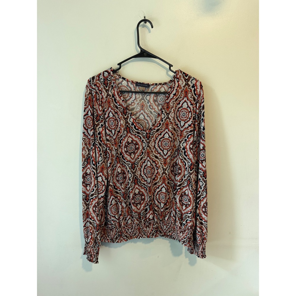 Tommy Hilfiger Womens XL Red Black Medallion Paisley Smocked V-Neck Blouse Top